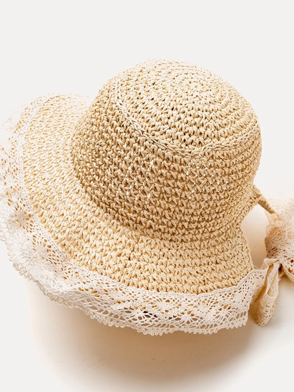 Kids Crochet Sun Hat - Cream Straw Beach Hat with Tie